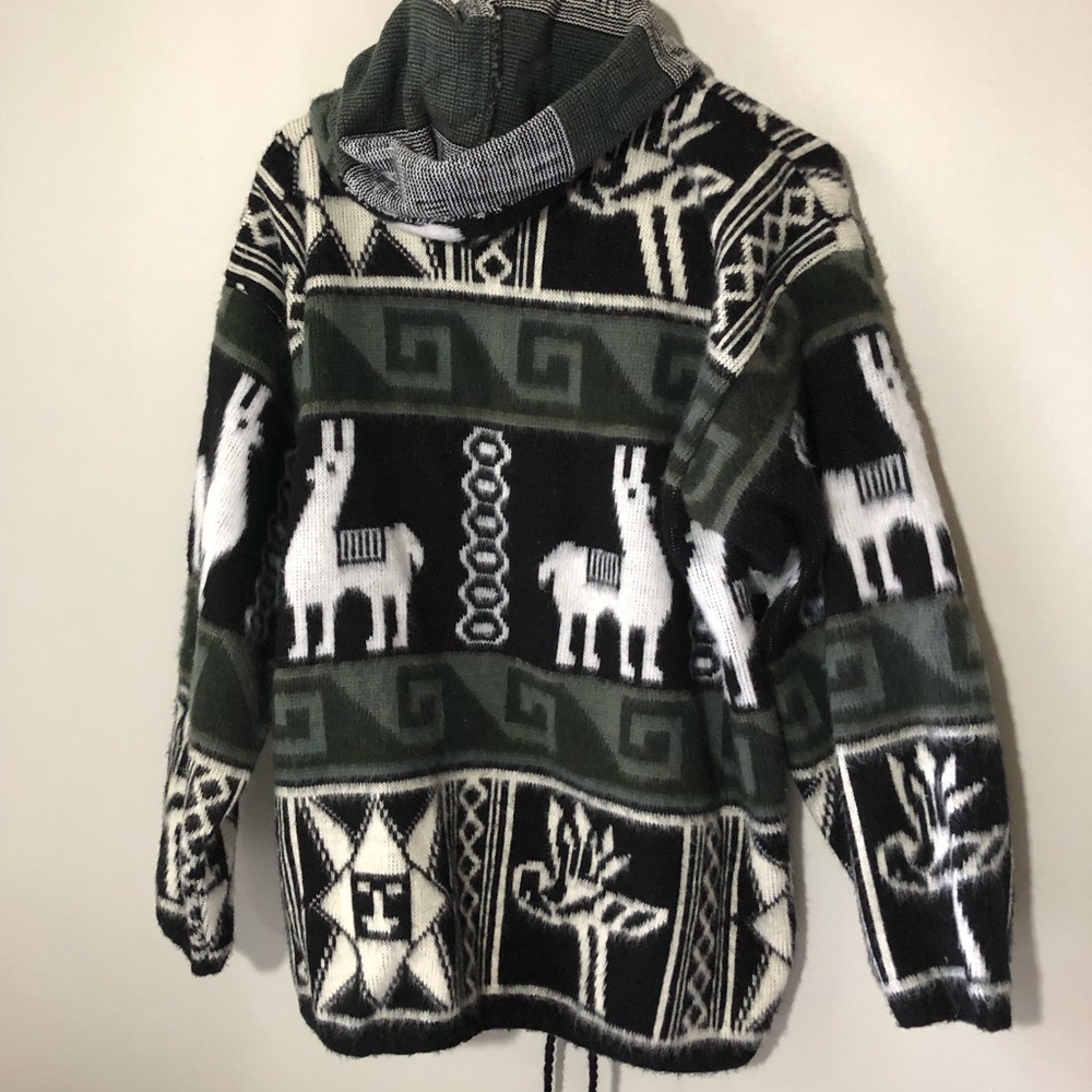 Ruminahui heavy wool cardigan hoodie mens L black white llama hippie Ecuador - Picture 2 of 9